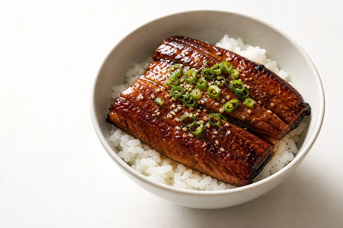 Recette sauce unagi servie sur un bol d’unagi don avec anguille grillée laquée et riz japonais