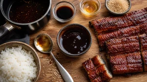 Sauce unagi maison : la réduction soja-mirin qui nappe l’anguille et le riz