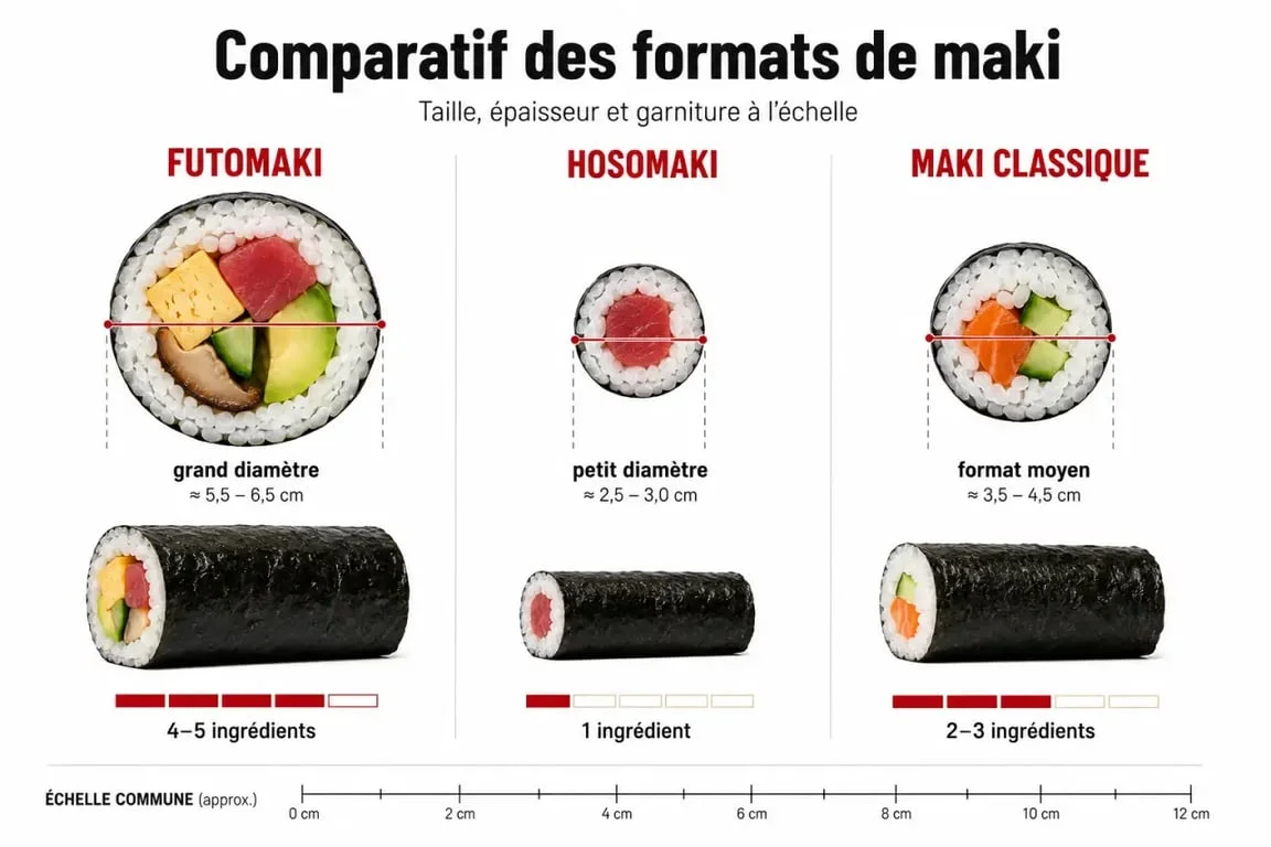 Futo maki comparé au hosomaki et au maki classique sur un visuel éditorial