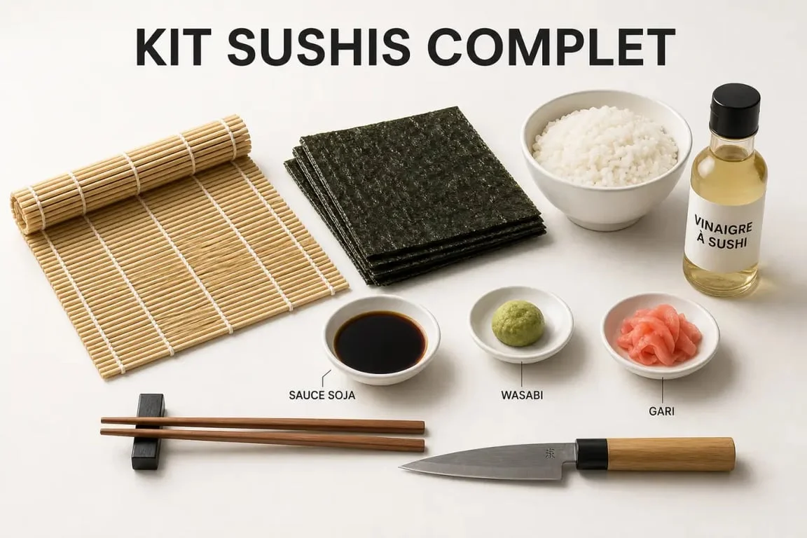 Kit sushis complet présenté sur une table avec natte, nori, riz, sauce soja et baguettes