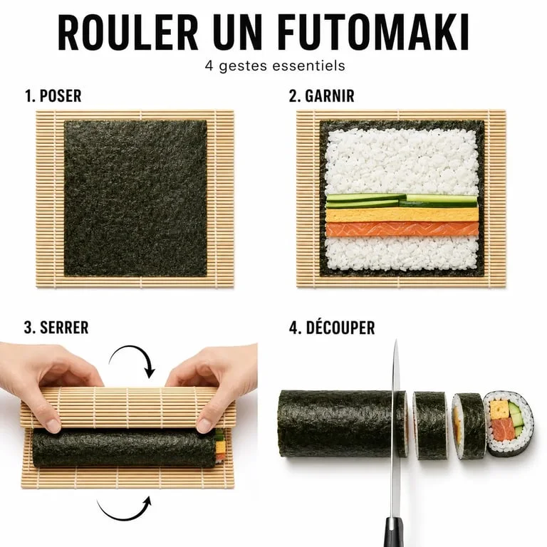 Préparation d’un futo maki en étapes avec natte de bambou et découpe nette