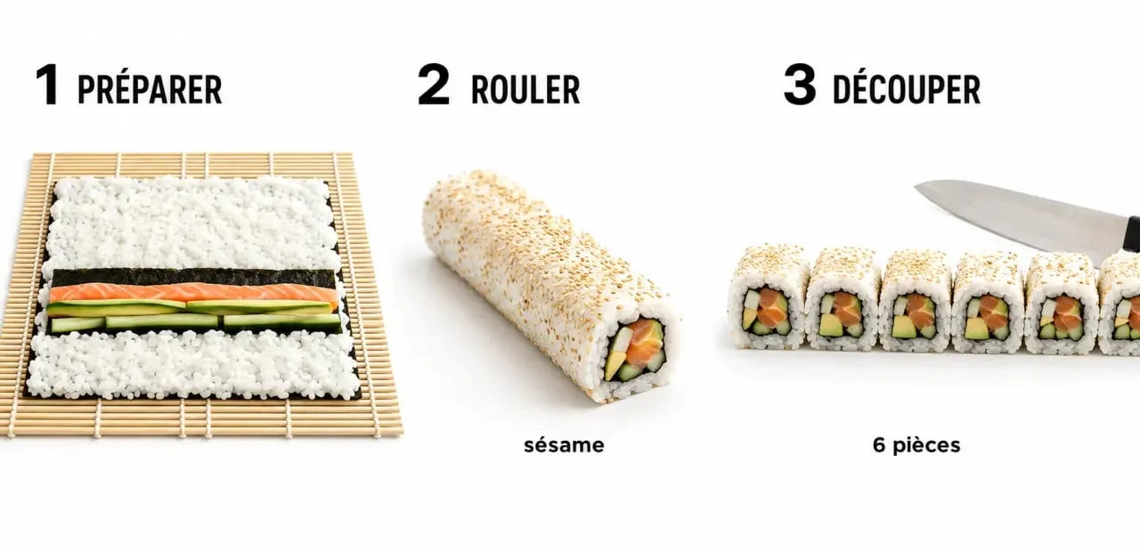 Uramaki en préparation et roulé à l’envers, avec riz à l’extérieur et nori à l’intérieur