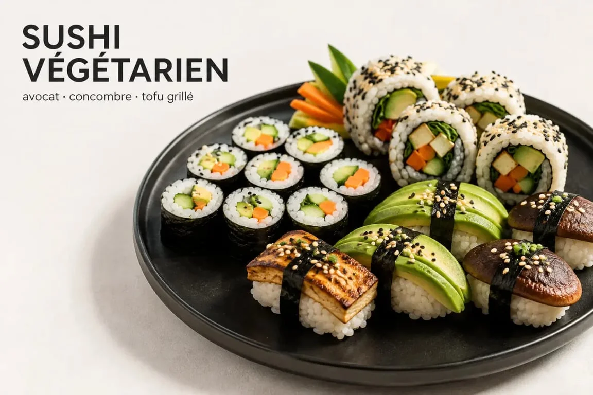 Sushi végétarien appétissant sur plateau, avec makis, california rolls et nigiri veggie