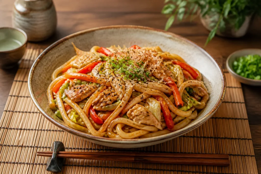 Delicieux yaki udon aux legumes et poulet